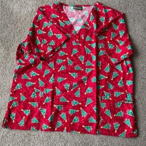 Uniform Advantage Red Scrub Top with Christmas Tree Design